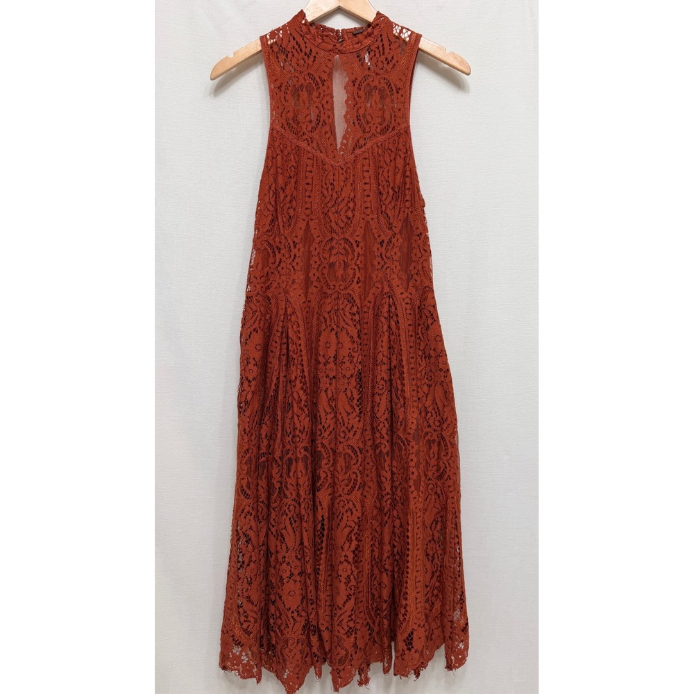 Free People Womens Midi Dress Burnt Orange Lace Mock Neck Boho Romantic Small